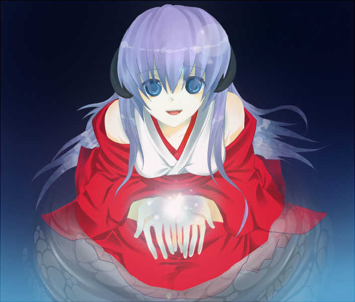 harano, hanyuu, higurashi no naku koro ni, 00s, 1girl, blue eyes, detached sleeves, female focus, hakama, hakama skirt, horns, japanese clothes, kimono, kneeling, long hair, miko, purple eyes, red hakama, skirt, solo, water
