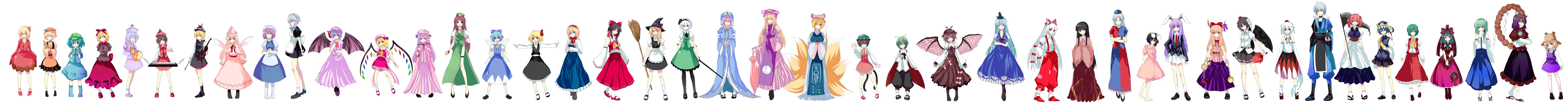 harano, aki minoriko, aki shizuha, alice margatroid, chen, cirno, flandre scarlet, fujiwara no mokou, hakurei reimu, hong meiling, houraisan kaguya, ibuki suika, inaba tewi, inubashiri momiji, izayoi sakuya, kagiyama hina, kamishirasawa keine, kawashiro nitori, kazami yuuka, kirisame marisa, kochiya sanae, konpaku youmu, letty whiterock, lily white, lunasa prismriver, lyrica prismriver, medicine melancholy, merlin prismriver, morichika rinnosuke, moriya suwako, mystia lorelei, onozuka komachi, patchouli knowledge, reisen udongein inaba, remilia scarlet, rumia, saigyouji yuyuko, shameimaru aya, shiki eiki, wriggle nightbug, yagokoro eirin, yakumo ran, yakumo yukari, yasaka kanako, touhou, absurdres, bad id, bad pixiv id, highres, incredibly absurdres, long image, wide image, 6+girls, alcohol, animal ears, antennae, aqua eyes, ascot, black hair, black wings, blonde hair, blue eyes, blue hair, book, bow, braid, breasts, broom, brown eyes, brown hair, cape, carrot, cat ears, cat tail, claws, closed eyes, clothes writing, crescent, cross, detached sleeves, dress, everyone, fairy wings, flat chest, food, fox tail, frog, fruit, gem, glasses, grapes, green eyes, green hair, grey hair, hair bow, hair ribbon, hairband, hand fan, hat, hauchiwa, height chart, horns, ice, instrument, key, keyboard (instrument), kneehighs, large breasts, latin cross, leaf, long hair, maid, medium breasts, mirror, moon, multiple girls, multiple tails, open mouth, orange eyes, pants, plaid clothes, plaid skirt, plaid vest, purple eyes, purple hair, rabbit ears, red eyes, ribbon, rod of remorse, rope, sake, scythe, short hair, skirt, skirt set, small breasts, socks, star (symbol), suspenders, sword, tail, tokin hat, trumpet, umbrella, vest, weapon, white hair, wings, wolf ears, wolf tail, yin yang