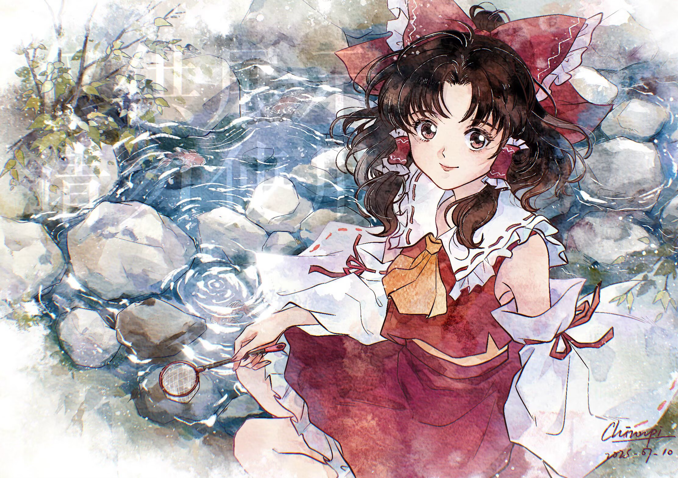 chinnpi, hakurei reimu, touhou, chinese commentary, commentary request, highres, translation request, 1girl, ascot, bow, brown eyes, brown hair, closed mouth, dated, detached sleeves, fish, frilled bow, frilled hair tubes, frilled skirt, frills, hair bow, hair tubes, hand net, holding net, long hair, net, red bow, red skirt, ribbon-trimmed sleeves, ribbon trim, signature, sitting, skirt, skirt set, smile, solo, water, yellow ascot
