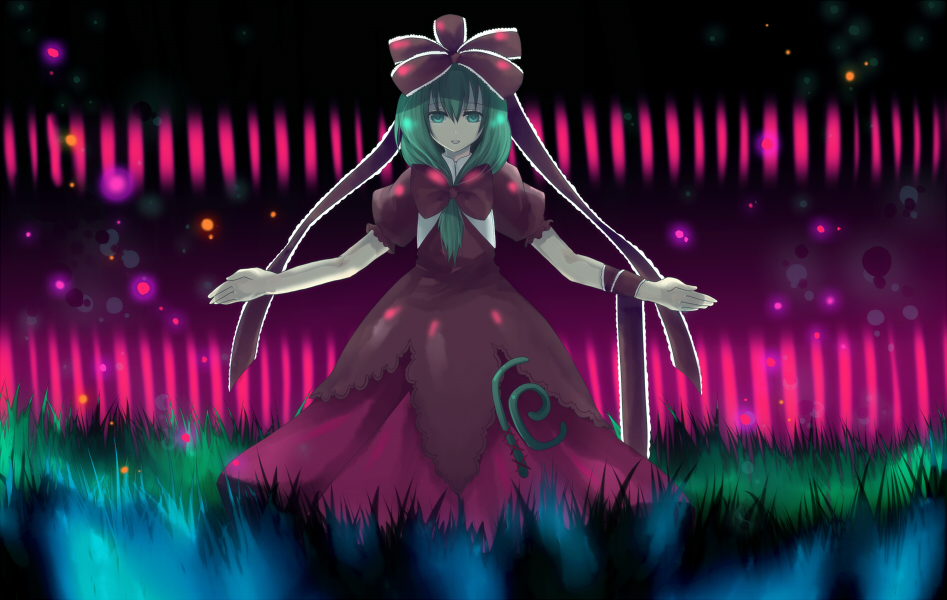 harano, kagiyama hina, touhou, 1girl, dress, female focus, frills, front ponytail, green eyes, green hair, looking at viewer, magic, matching hair/eyes, outstretched arms, puffy short sleeves, puffy sleeves, red dress, shawl, short hair, short sleeves, solo, standing, wrist cuffs