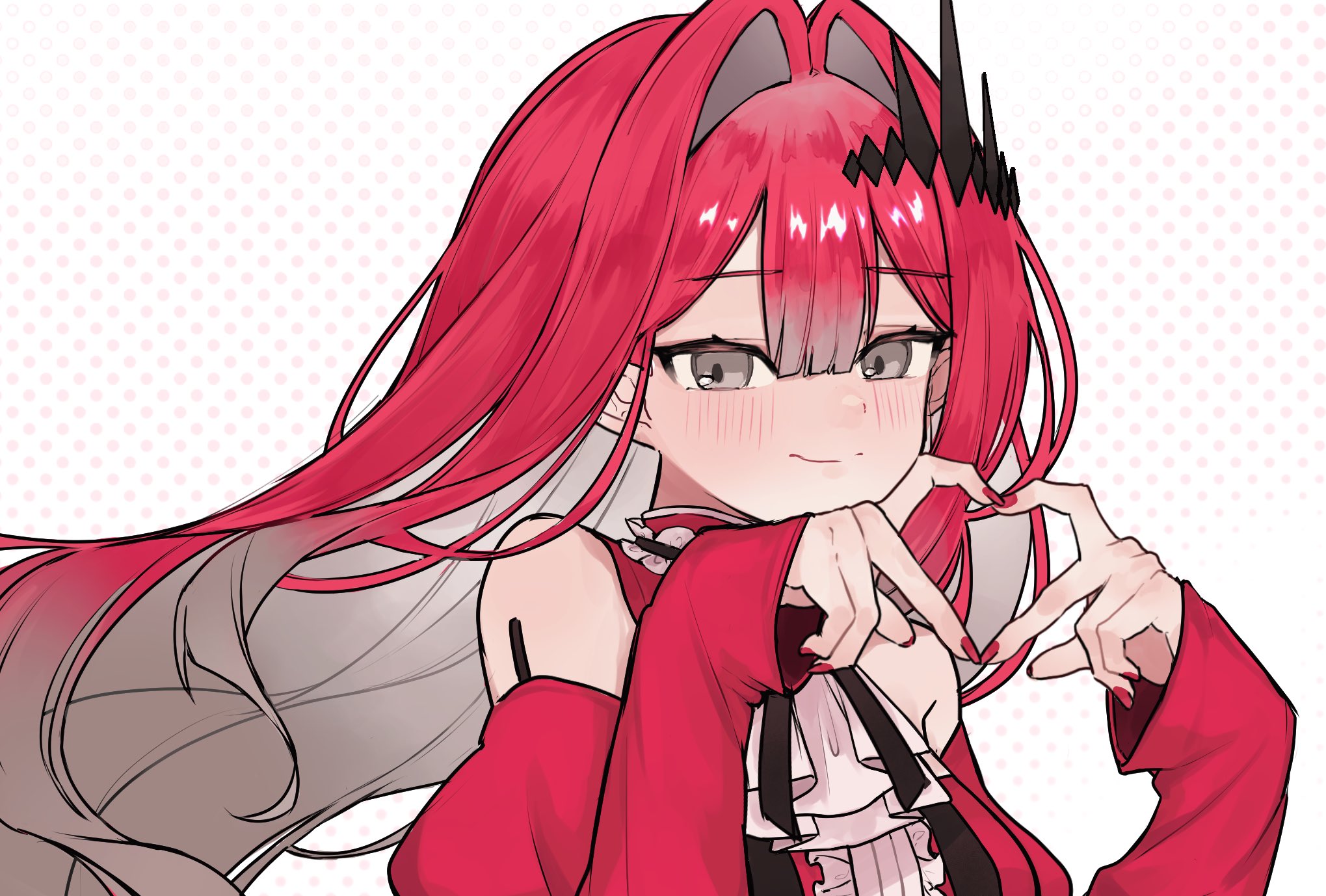baobhan sith (fate), baobhan sith (first ascension) (fate), fate/grand order, fate (series), highres, 1girl, blush, breasts, detached sleeves, dress, four-finger heart hands, frilled dress, frills, grey eyes, hair ornament, hands up, heart, heart hands, ikomashiki, long hair, looking at viewer, pink hair, pointy ears, red dress, sidelocks, solo