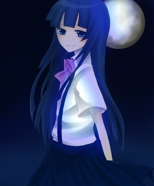 harano, furude rika, higurashi no naku koro ni, 00s, 1girl, blue eyes, blue hair, bow, bowtie, female focus, long hair, matching hair/eyes, moon, night, pink bow, solo, suspenders