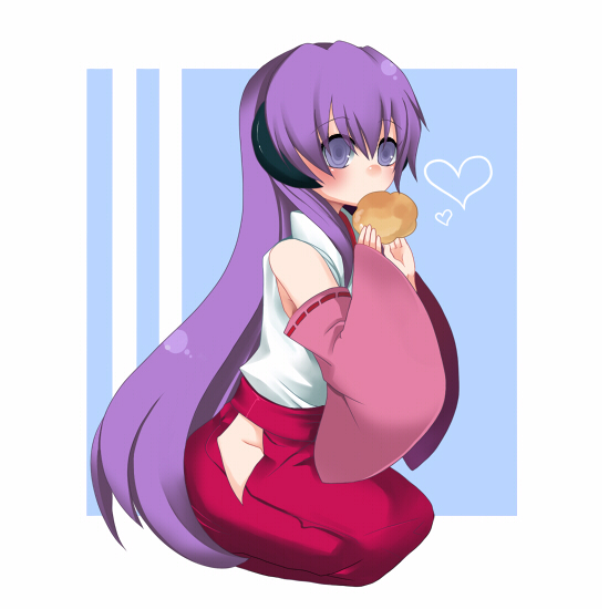 harano, hanyuu, higurashi no naku koro ni, 00s, 1girl, eating, female focus, food, hakama, hakama skirt, heart, horns, japanese clothes, long hair, purple hair, red hakama, simple background, skirt, solo