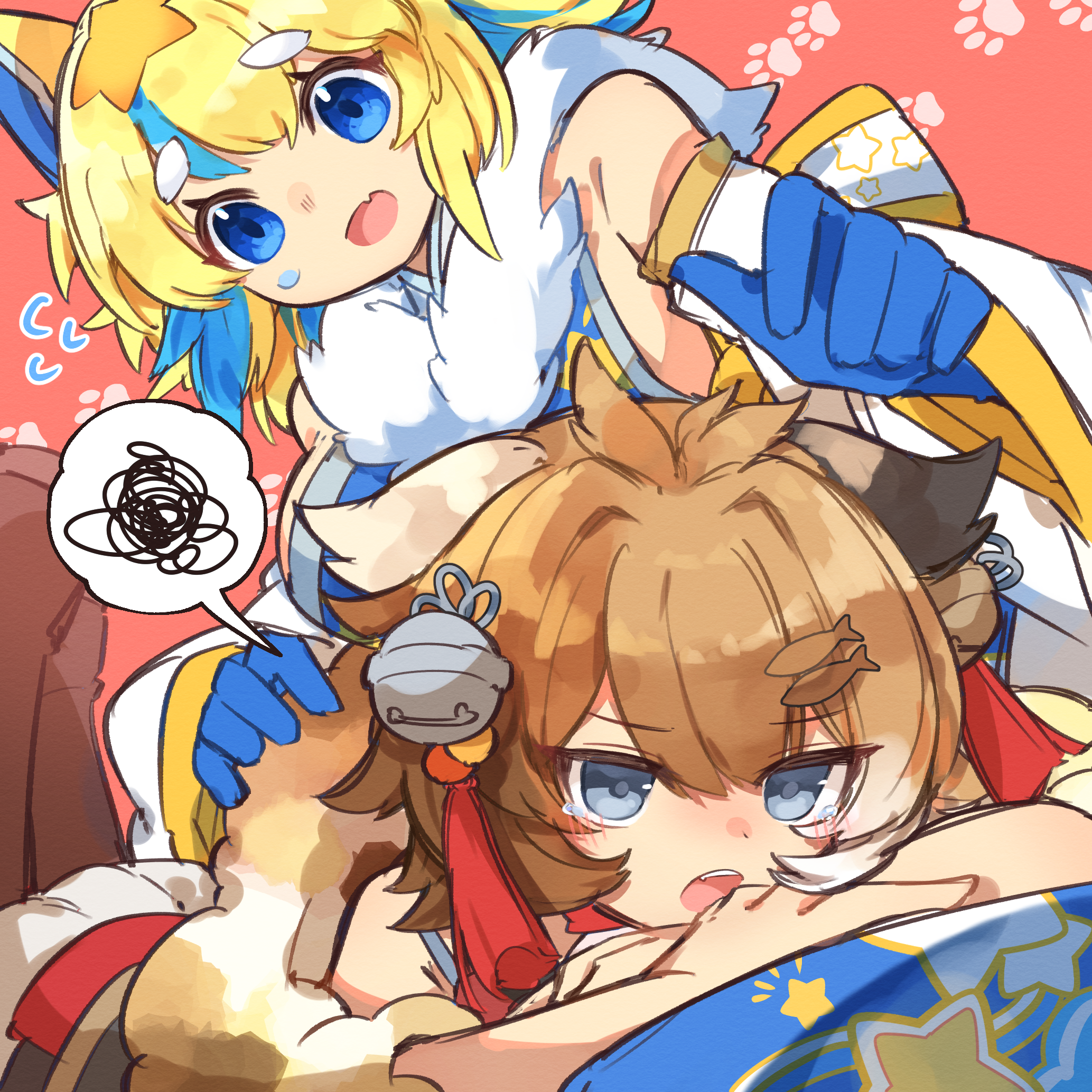 kuuron (moesann17), ferule, puzzle & dragons, character request, highres, 1girl, ahoge, animal ears, apron, bell, blonde hair, blue eyes, blue gloves, blue hair, brown hair, cape, fur trim, gloves, hair ornament, multicolored hair, open mouth, paw print, paw print background, speech bubble, star (symbol), two-tone hair, white cape