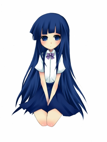 harano, furude rika, higurashi no naku koro ni, 00s, 1girl, blue eyes, blue hair, bottomless, bow, female focus, kneeling, long hair, matching hair/eyes, skirt, solo