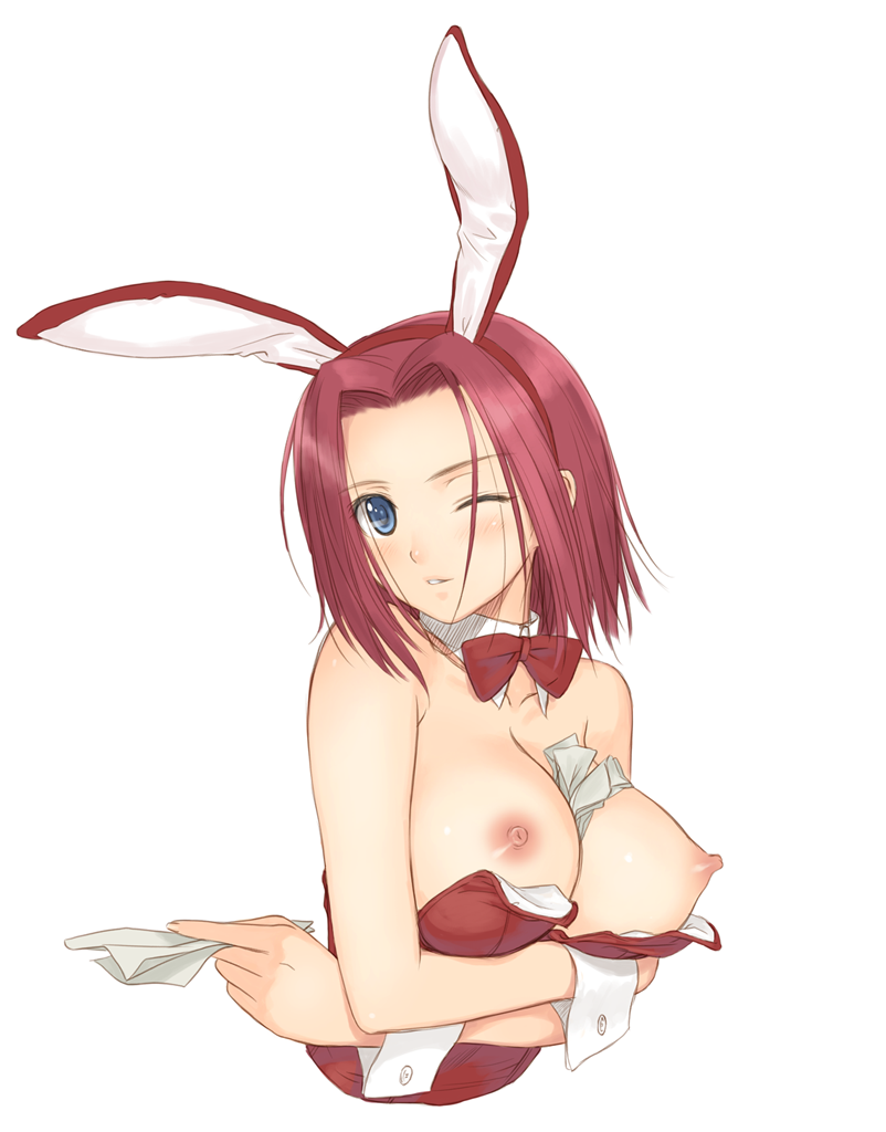 tony taka, kouzuki kallen, code geass, breast hold, 00s, 1girl, animal ears, between breasts, blue eyes, blush, breasts, fake animal ears, female focus, large breasts, leotard, nipples, one eye closed, playboy bunny, rabbit ears, red hair, short hair, solo, wink, wrist cuffs