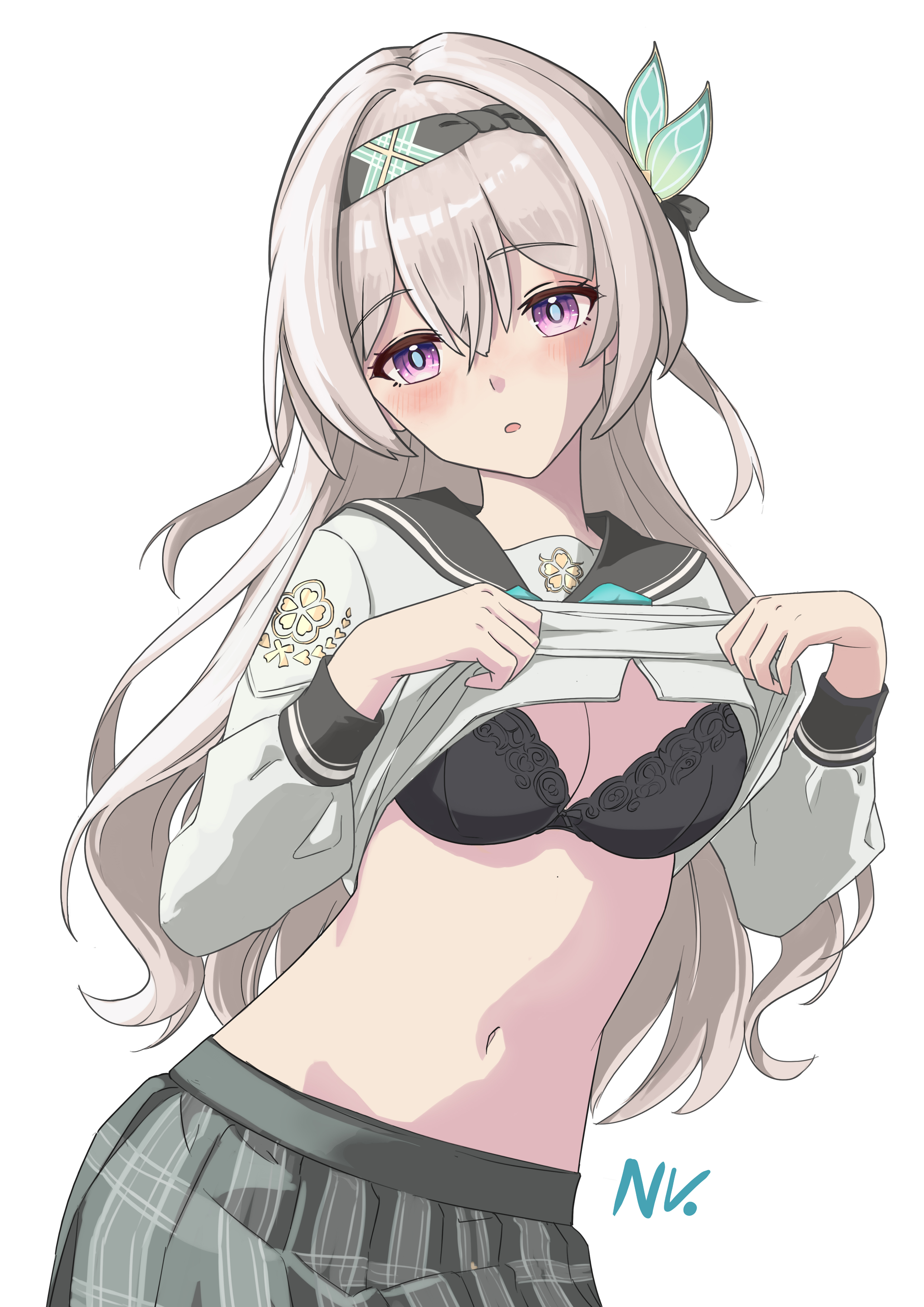 firefly (honkai: star rail), firefly (spring missive) (honkai: star rail), honkai: star rail, honkai (series), absurdres, highres, 1girl, black bra, bra, breasts, cleavage, crest, grey hair, hair ornament, hairband, lifting own clothes, long hair, long sleeves, looking at viewer, medium breasts, midriff, naaavuuu, navel, open mouth, plaid clothes, plaid skirt, purple eyes, sailor, sailor collar, simple background, skirt, solo, underwear, white background, wing hair ornament