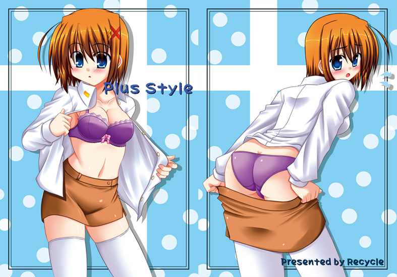 lask, yagami hayate, lyrical nanoha, mahou shoujo lyrical nanoha, mahou shoujo lyrical nanoha strikers, 00s, 1girl, bra, hair ornament, lingerie, panties, thighhighs, underwear, undressing, x hair ornament