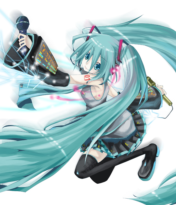 katou kouki, hatsune miku, vocaloid, 1girl, aqua hair, female focus, he3, long hair, solo, thighhighs, twintails, very long hair