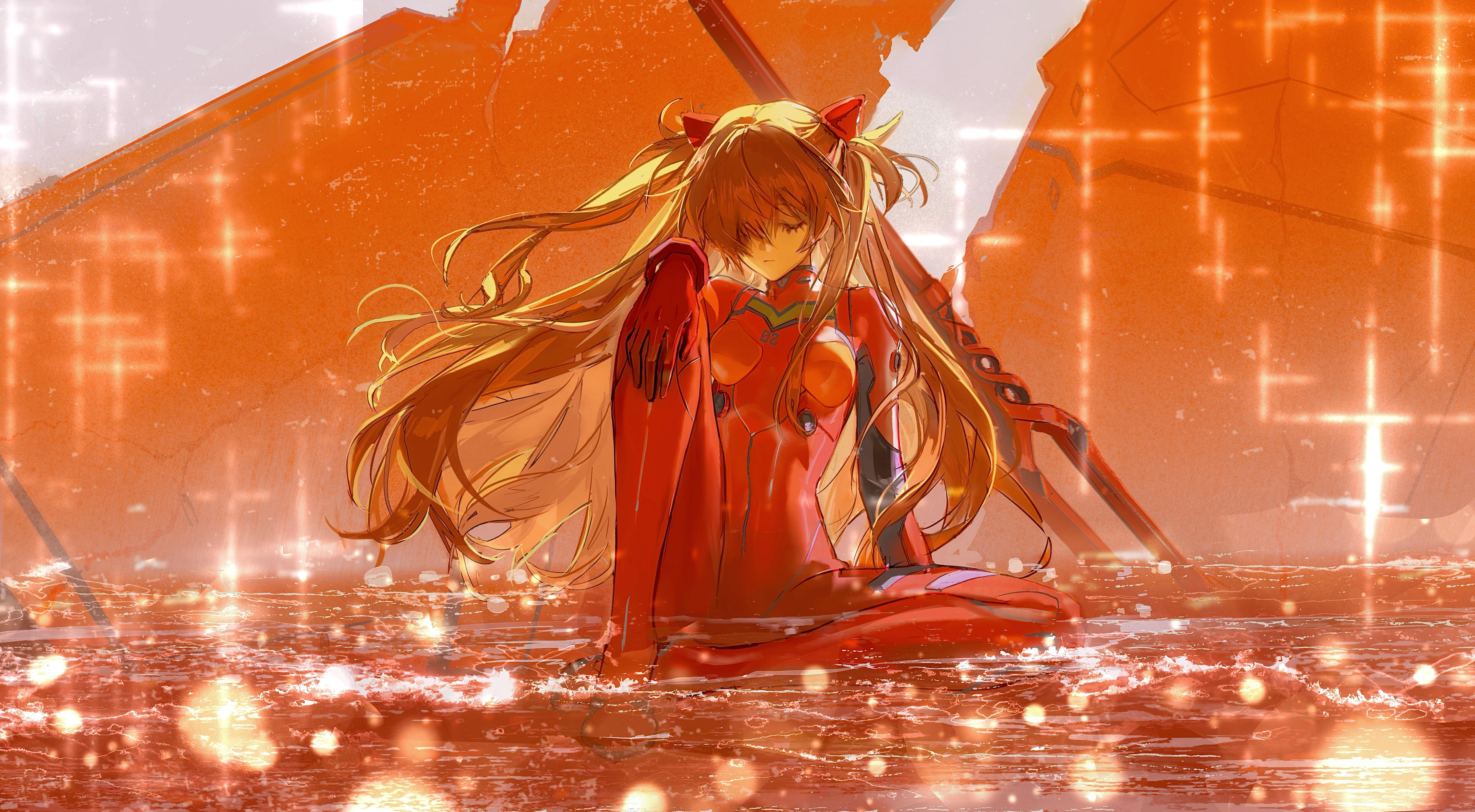 wnmuwnmu, souryuu asuka langley, neon genesis evangelion, absurdres, commentary, english commentary, highres, 1girl, bident, bodysuit, breasts, closed eyes, closed mouth, floating hair, hand on own knee, interface headset (evangelion), knee up, lance of longinus (evangelion), long hair, mecha pilot suit, medium breasts, orange hair, plugsuit (evangelion), polearm, red bodysuit, sitting, sitting on liquid, solo, two side up, very long hair, water, weapon