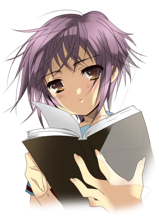 rindou (awoshakushi), nagato yuki, kadokawa shoten, suzumiya haruhi no yuuutsu, 00s, book, messy hair, purple hair, short hair, solo, yellow eyes