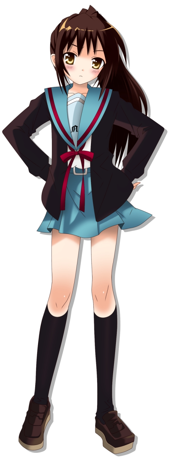 rindou (awoshakushi), kyon, kyonko, kadokawa shoten, suzumiya haruhi no yuuutsu, highres, 00s, 1girl, cardigan, female focus, genderswap, genderswap (mtf), ponytail, school uniform, serafuku, solo