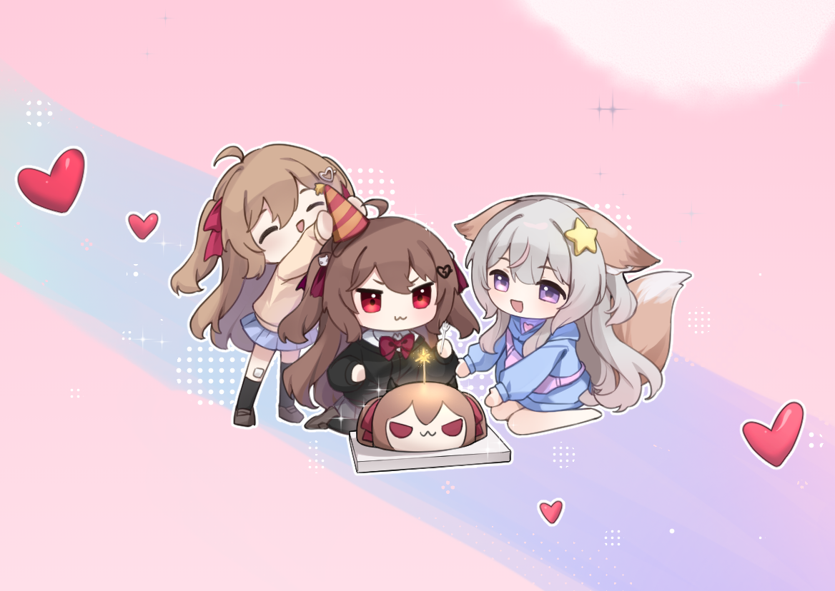 tanoki233, annytf, evil neuro-sama, neuro-sama, indie virtual youtuber, chinese commentary, commentary request, 3girls, :3, ahoge, animal ears, bandaid, bandaid on leg, birthday cake, black jacket, black socks, blue skirt, bow, broken heart, broken heart hair ornament, brown hair, brown shoes, cake, character-themed food, chibi, closed eyes, closed mouth, fireworks, food, fork, fox ears, fox girl, fox tail, grey hair, hair ornament, hair ribbon, heart, holding, holding fork, jacket, kneehighs, kneeling, long hair, long sleeves, multiple girls, open mouth, outline, purple eyes, red bow, red eyes, red ribbon, ribbon, shirt, shoes, siblings, sisters, skirt, smile, socks, sparkle, sparkler, standing, star (symbol), star hair ornament, tail, twins, two side up, v-shaped eyebrows, vedal ai, very long hair, virtual youtuber, white outline, white shirt
