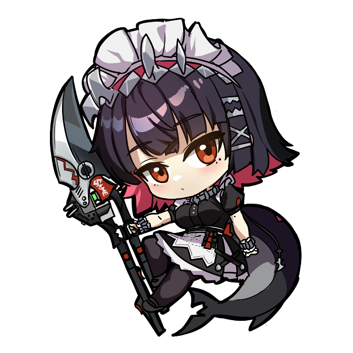 ebi bento, ellen joe, zenless zone zero, apron, black hair, colored inner hair, fins, fish tail, frilled wristband, hairband, maid, maid apron, maid headdress, metal hairband, mole, mole on arm, mole under eye, multicolored hair, razor blade hair ornament, red eyes, red nails, scar, scar on tail, scissors, shark girl, shark tail, spiked headband, tail