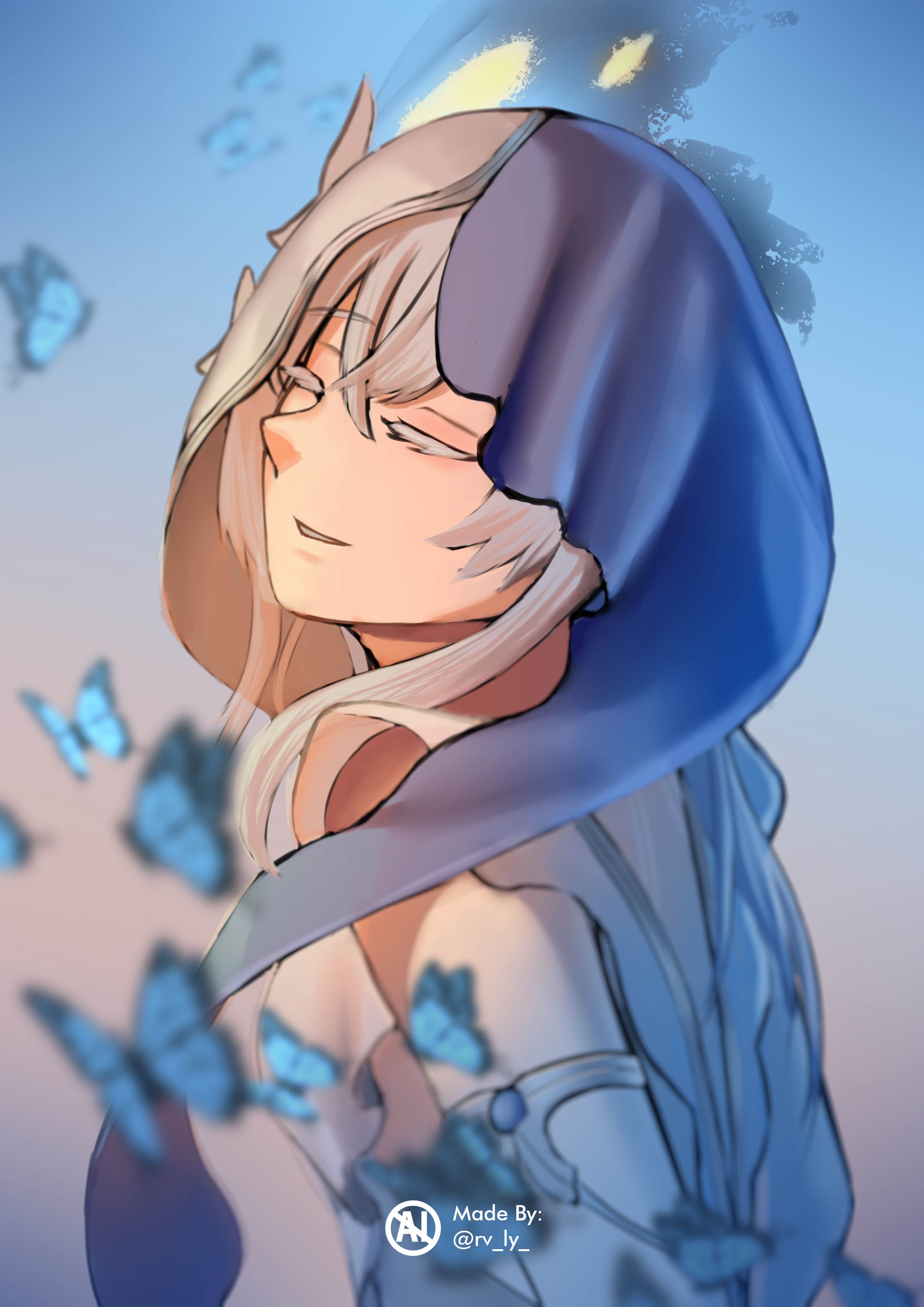 rv ly, shorekeeper (wuthering waves), wuthering waves, absurdres, commentary, highres, 1girl, armlet, blue butterfly, blue veil, breasts, bug, butterfly, closed eyes, facing viewer, from side, insect, jewelry, medium breasts, parted lips, smile, solo, two-tone veil, upper body, veil, white veil