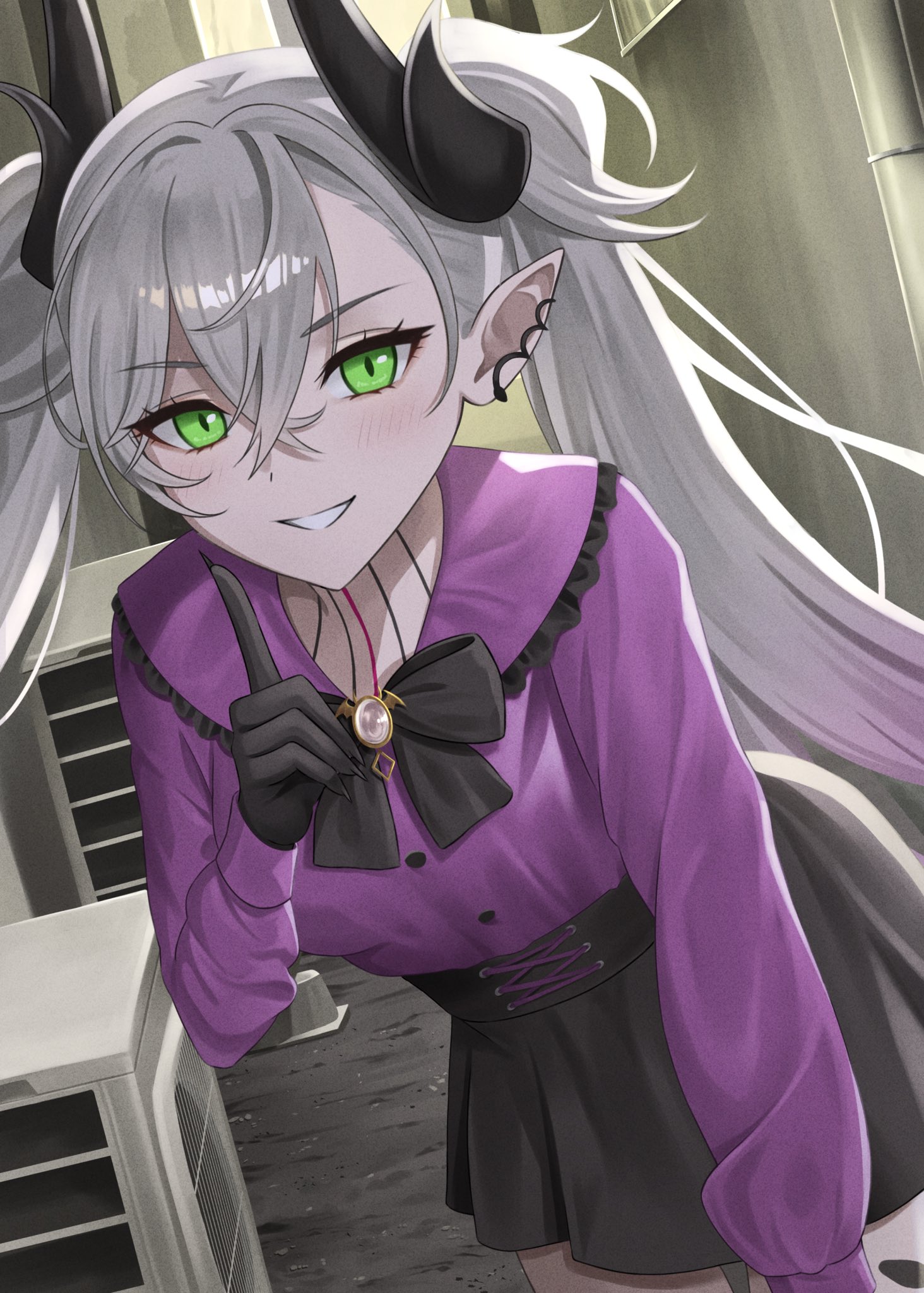 yuyuenimo, lilith (fate), fate/grand order, fate (series), highres, 1girl, black skirt, demon horns, earrings, gradient hair, green eyes, horns, jewelry, looking at viewer, multicolored hair, neck tattoo, pink hair, purple shirt, shirt, single earring, skirt, smile, solo, tattoo, twintails, white hair