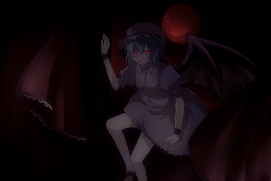 harano, remilia scarlet, touhou, silver hair, 1girl, bat wings, blush, dark, dress, female focus, flying, hat, looking at viewer, mob cap, pale skin, pink dress, puffy short sleeves, puffy sleeves, red eyes, short hair, short sleeves, solo, wings, wrist cuffs