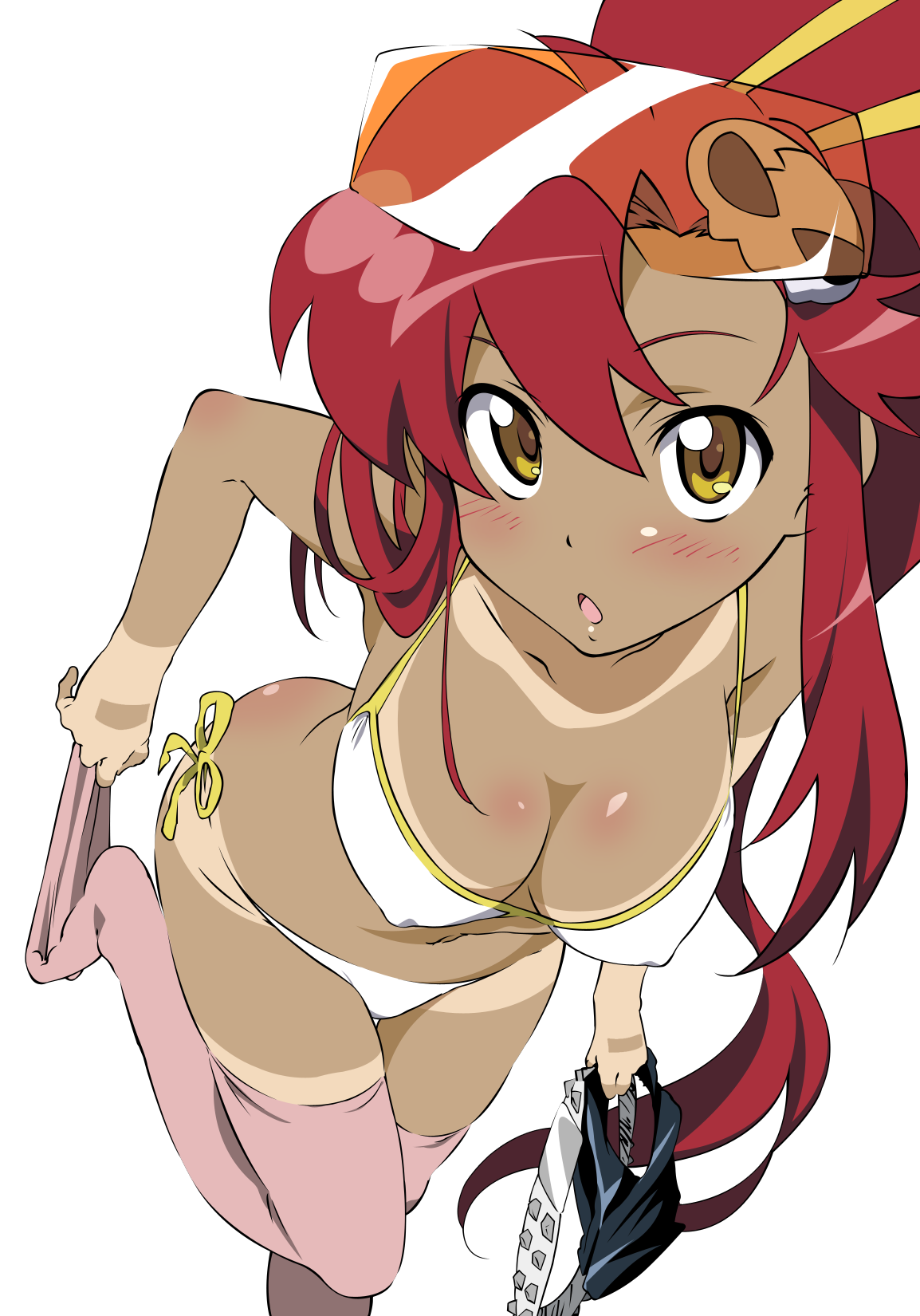 yamaguchi satoshi, yoko littner, tengen toppa gurren lagann, derivative work, highres, official art, vector trace, 00s, 1girl, :o, accessory tan, belt, bikini, bikini tan, blush, body blush, breasts, cleavage, covered erect nipples, embarrassed, eyewear on head, female focus, hair between eyes, hair ornament, holding, large breasts, leaning forward, leg lift, long hair, looking at viewer, navel, open mouth, pink thighhighs, ponytail, red hair, safety glasses, short shorts, shorts, side-tie bikini bottom, sidelocks, skull hair ornament, solo, standing, standing on one leg, studded belt, sunglasses, surprised, swimsuit, tan, tanline, tanlines, thigh gap, thighhighs, thighhighs pull, tinted eyewear, toe scrunch, transparent, transparent background, undressing, unworn shorts, very long hair, white bikini, yellow-tinted eyewear, yellow eyes