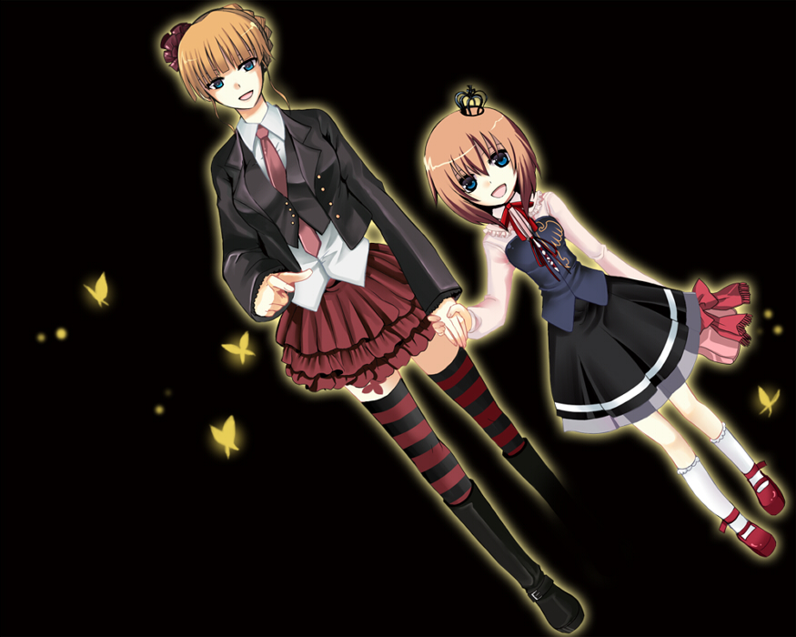 harano, beatrice (umineko), ushiromiya maria, umineko no naku koro ni, striped legwear, 00s, 2girls, blonde hair, blue eyes, child, formal clothes, holding hands, multiple girls, necktie, pink necktie, skirt, skirt suit, smile, socks, suit, thighhighs, zettai ryouiki