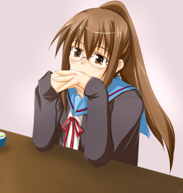 qoo, kyonko, suzumiya haruhi no yuuutsu, 00s, 1girl, cardigan, female focus, genderswap, genderswap (mtf), glasses, long sleeves, ponytail, school uniform, serafuku, simple background, solo