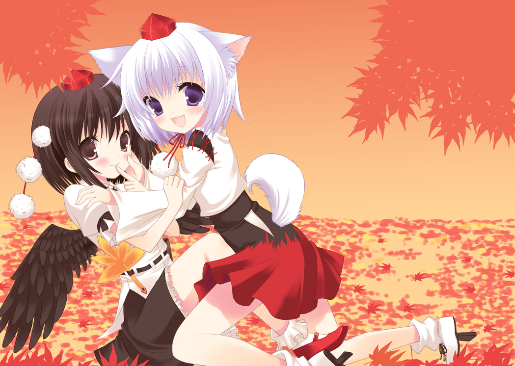 futaba miwa, inubashiri momiji, shameimaru aya, touhou, 2girls, animal ears, black hair, black wings, female focus, geta, hat, multiple girls, short hair, skirt, tail, tengu-geta, white hair, wings, wolf ears, wolf tail, yuri