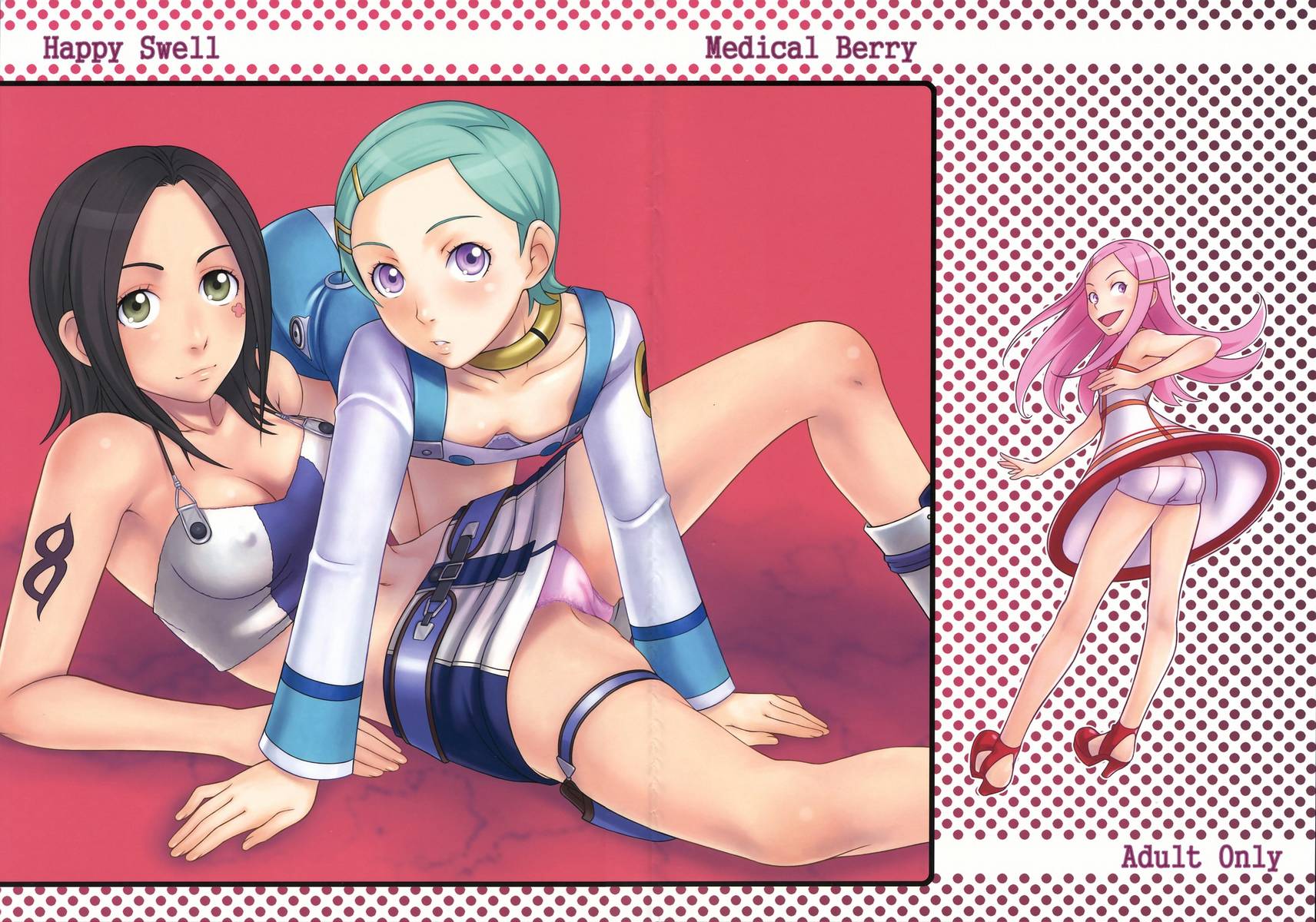 ha-ru, anemone (eureka seven), eureka (eureka seven), talho yuuki, eureka seven, eureka seven (series), highres, 00s, 3girls, all fours, boyshort panties, cover, cover page, high heels, long legs, lying, multiple girls, panties, pantyshot, standing, tattoo, thigh strap, underwear