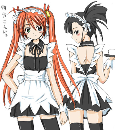 aoyama reo, kagurazaka asuna, sakurazaki setsuna, mahou sensei negima!, lowres, translated, 00s, 2girls, ahoge, apron, bell, black eyes, black hair, black thighhighs, blue eyes, blush, frills, green eyes, hand on own hip, heterochromia, hip focus, long hair, looking back, maid, maid apron, maid headdress, multiple girls, orange hair, thighhighs, tray, twintails, very long hair, zettai ryouiki