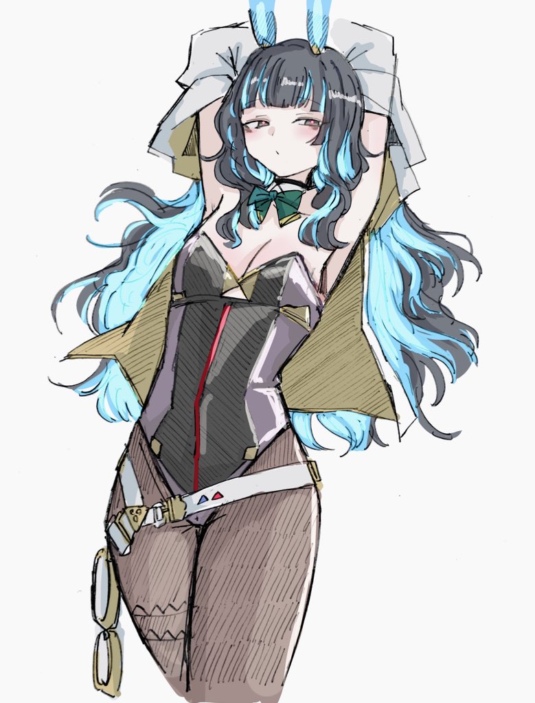 mesuosushi, tenochtitlan (fate), tenochtitlan (swimsuit mooncancer) (third ascension) (fate), fate/grand order, fate (series), tenochtitlan (swimsuit mooncancer) (fate), 1girl, animal ears, armpits, arms up, black hair, black leotard, blue hair, breasts, brown pantyhose, cleavage, colored inner hair, gold jacket, grey eyes, highleg, highleg leotard, jacket, leotard, multicolored hair, multicolored jacket, multicolored leotard, pantyhose, playboy bunny, rabbit ears, solo, two-tone jacket, wavy hair, white background, yellow jacket