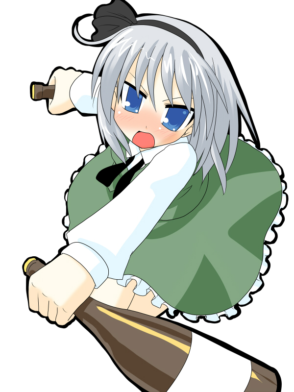 hujikok, konpaku youmu, touhou, silver hair, 1girl, blue eyes, blush, dress, dual wielding, female focus, from above, green dress, holding, holding sword, holding weapon, katana, looking at viewer, looking up, short hair, simple background, solo, sword, weapon, white background