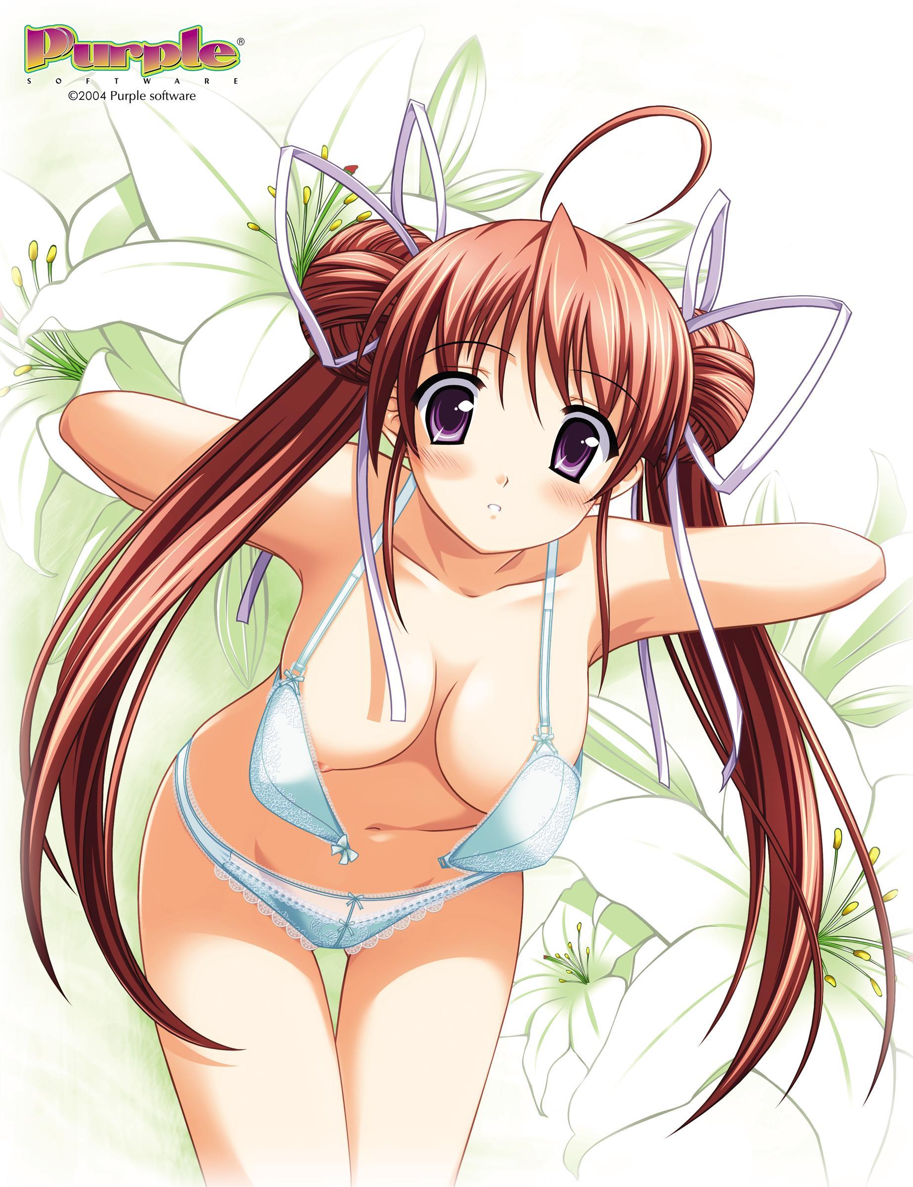 iwasaki kouji, ashitaba yuuri, majipuri, purple software, absurdres, highres, non-web source, official art, 00s, 1girl, 2004, ahoge, arms behind back, blue bra, blue panties, blush, bow, bow bra, bow panties, bra, breasts, cleavage, double bun, female focus, floral background, flower, groin, hair bun, hair ribbon, lace, lace-trimmed bra, lace-trimmed panties, lace trim, leaning forward, lily (flower), lingerie, navel, nipple slip, nipples, open bra, outstretched arms, panties, pink hair, purple eyes, red hair, ribbon, solo, spread arms, thigh gap, thighs, twintails, underwear, underwear only, undressing