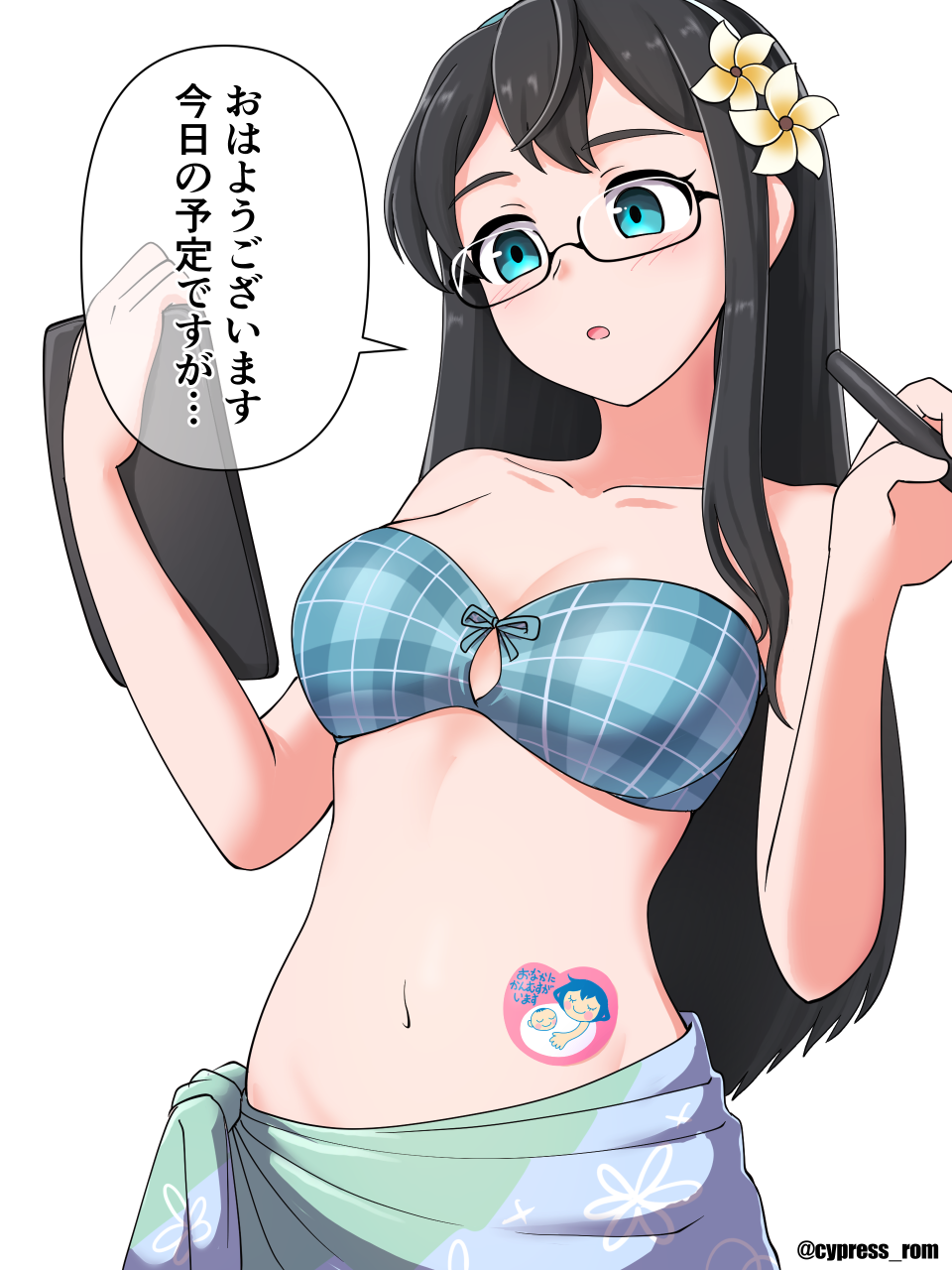 cypress (hinokidou), ooyodo (kancolle), ooyodo (swimsuit) (kancolle), kantai collection, highres, translation request, 1girl, aqua eyes, bikini, black hair, blue bikini, blue sarong, breasts, flower, hair flower, hair ornament, long hair, maternity mark, medium breasts, plaid bikini, plaid clothes, sarong, semi-rimless eyewear, simple background, solo, strapless, strapless bikini, swimsuit, tablet pc, under-rim eyewear, white background