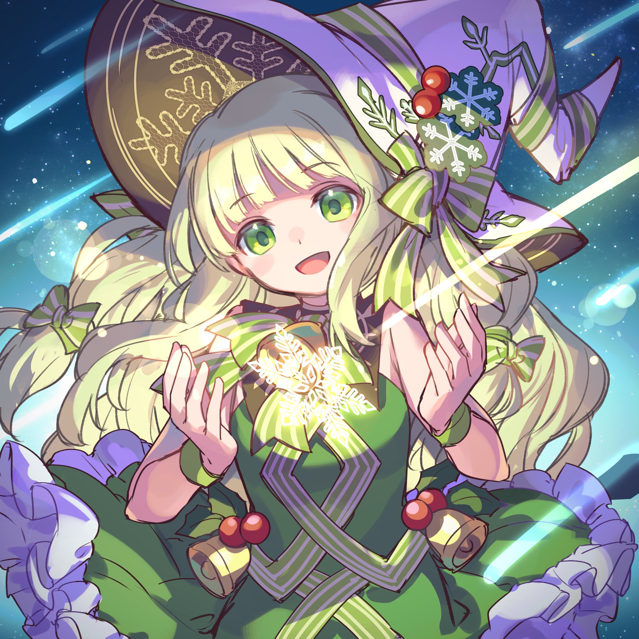 kuuron (moesann17), puzzle & dragons, highres, 1girl, :d, aljae (p&d), bell, bow, christmas, dress, frilled dress, frills, green bow, green dress, green eyes, green hair, hat, long hair, open mouth, ribbon, sky, smile, snowflakes, solo, star (sky), starry sky, striped bow, twintails, very long hair, white bow, witch hat