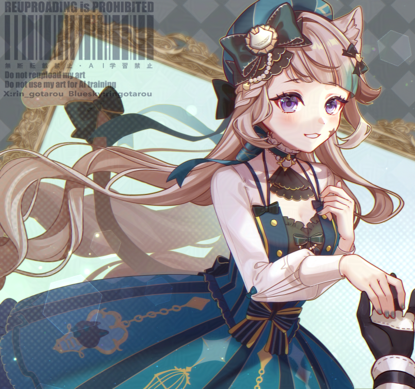 rin gotarou, lynette (genshin impact), lyney (genshin impact), genshin impact, 1boy, 1girl, alternate costume, alternate hairstyle, animal ear fluff, animal ears, ascot, beret, black ascot, black gloves, blue dress, blue hat, bow, cat ears, cat girl, cat tail, dress, facial mark, frills, gloves, gold trim, grey hair, hat, long hair, long sleeves, lynette (genshin cafe in seoul) (genshin impact), purple eyes, smile, star (symbol), star facial mark, star tattoo, tail, tail bow, tail ornament, tattoo, white sleeves