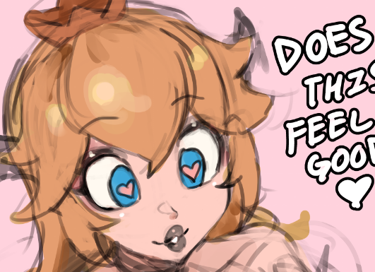 saiykik, princess peach, mario (series), nintendo, commentary, english commentary, bat wings, black lips, blonde hair, blue eyes, crown, earrings, english text, goth fashion, hair ornament, head wings, heart, heart-shaped pupils, jewelry, light smile, lipstick, long hair, makeup, necklace, pink background, sidelocks, smile, symbol-shaped pupils, wings