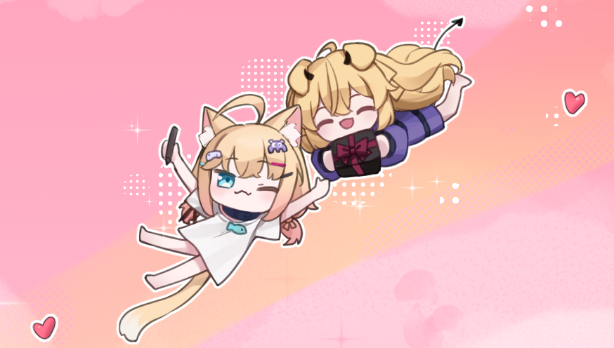 tanoki233, cerber (vtuber), minikomew, indie virtual youtuber, chinese commentary, commentary request, 2girls, ahoge, animal ears, arms up, black horns, blonde hair, blue eyes, blush, box, cat ears, cat girl, cat tail, chibi, closed eyes, closed mouth, collar, demon girl, demon horns, demon tail, dog ears, dog girl, fangs, fish ornament, full body, gift, gift box, hair ornament, hairclip, heart, holding, holding box, holding gift, holding pen, horns, long hair, long sleeves, medium hair, multiple girls, no eyewear, one eye closed, open mouth, outline, pen, purple shirt, shirt, short sleeves, skin fangs, smile, sparkle, tail, twintails, virtual youtuber, white outline, white shirt