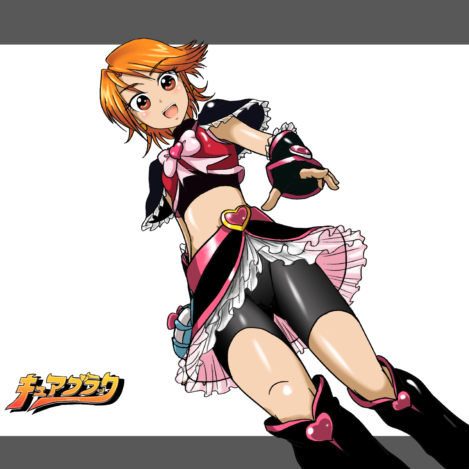 takaya n, cure black, misumi nagisa, futari wa precure, precure, highres, 00s, 1girl, bike shorts, black boots, boots, brooch, dutch angle, eyelashes, female focus, heart, heart brooch, jewelry, magical girl, orange eyes, orange hair, short hair, solo