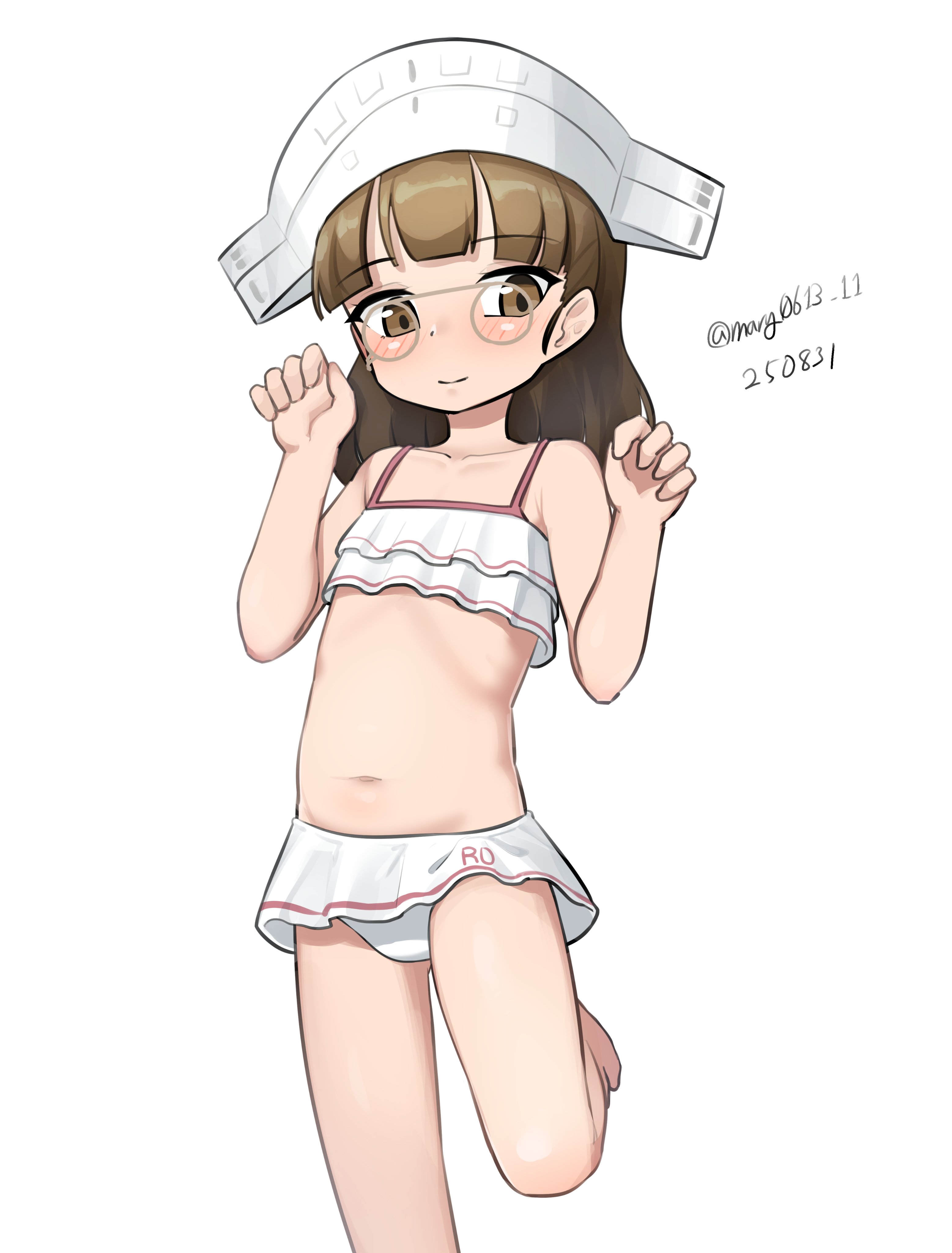 maru (marg0613), libeccio (kancolle), libeccio (swimsuit) (kancolle), roma (kancolle), kantai collection, absurdres, highres, 1girl, aged down, bikini, bikini skirt, breasts, brown eyes, brown hair, clothes writing, cosplay, dated, feet out of frame, frilled bikini, frilled tankini, frills, glasses, headpiece, libeccio (kancolle) (cosplay), looking at viewer, medium hair, one-hour drawing challenge, pince-nez, ruffle bikini, simple background, small breasts, solo, swimsuit, twitter username, white background