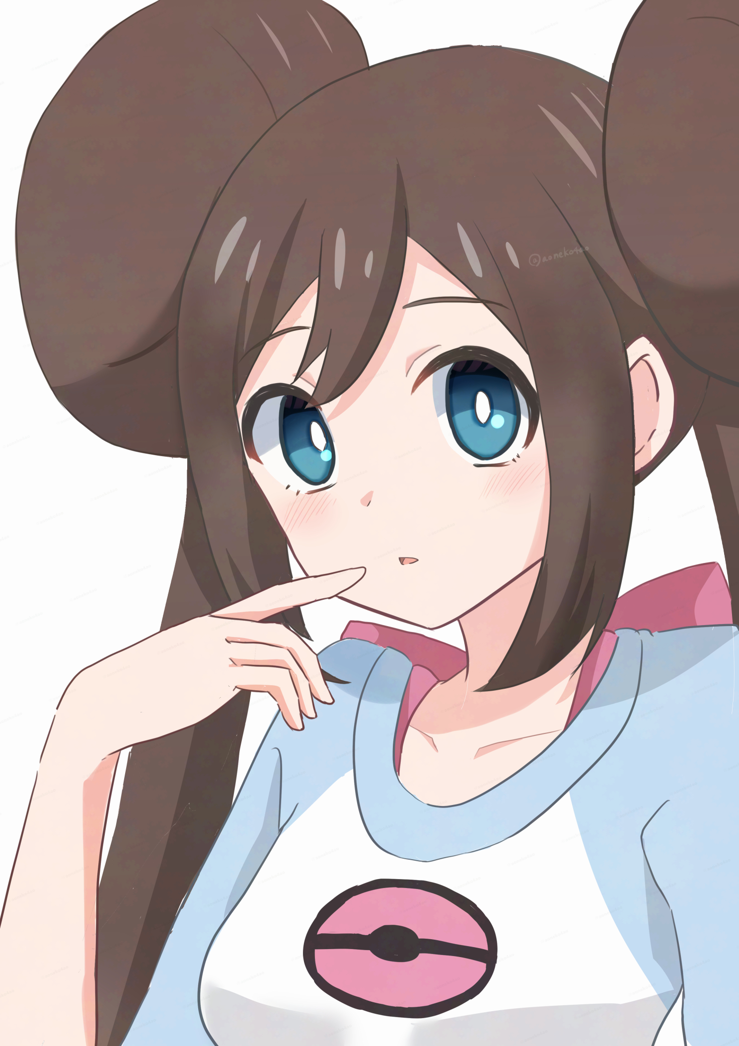 aoneko4ao (edwf7745), rosa (pokemon), nintendo, pokemon, pokemon bw2, commentary request, highres, 1girl, blue eyes, bright pupils, brown hair, collarbone, double bun, hair bun, hand up, long hair, looking at viewer, open mouth, raglan sleeves, shirt, simple background, solo, twintails, upper body, white background, white pupils