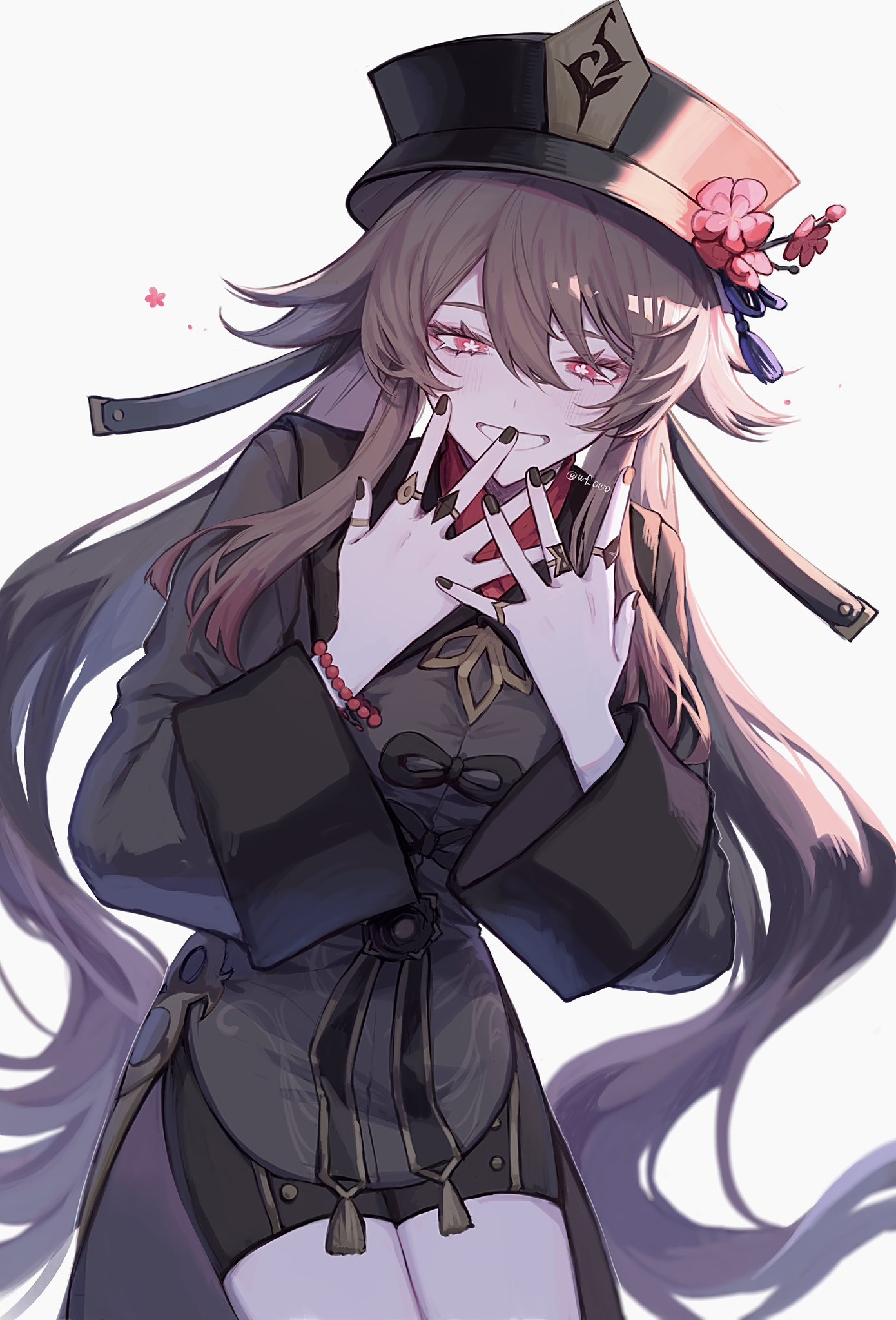 hu tao (genshin impact), genshin impact, highres, 1girl, brown hair, brown shirt, hat, jewelry, long hair, looking at viewer, red eyes, ring, shirt, shorts, smile, symbol-shaped pupils, tailcoat, twintails, wf 0150
