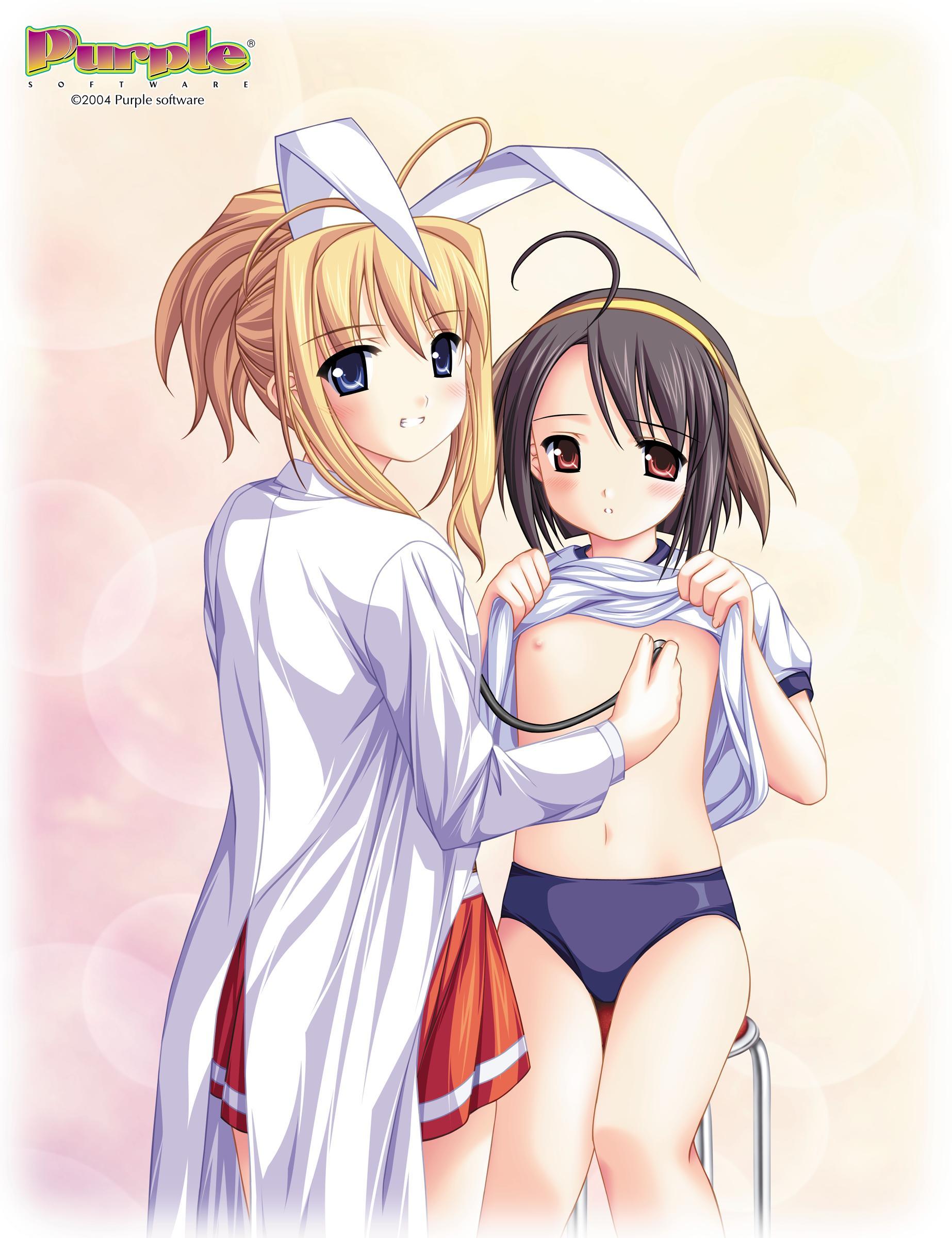 iwasaki kouji, himekawa mia, yaezaki aruku, majipuri, purple software, absurdres, highres, non-web source, official art, 00s, 2004, 2girls, ahoge, animal ears, antenna hair, black hair, blonde hair, blue eyes, blush, brown hair, buruma, clothes lift, dog ears, examination, flat chest, grin, gym uniform, lab coat, lens flare, loli, looking back, multicolored hair, multiple girls, navel, nipples, physical examination, ponytail, rabbit ears, red eyes, shirt, shirt lift, short hair, sitting, skirt, smile, stethoscope, stool, t-shirt, thigh gap, thighs, two-tone hair