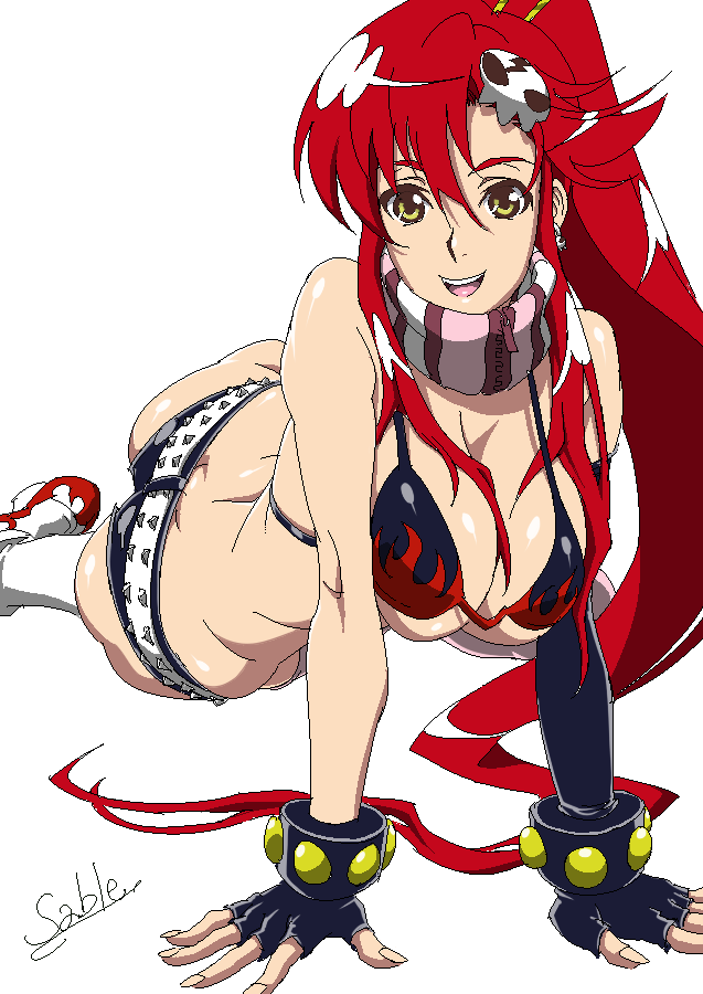 suna (sandworks), yoko littner, tengen toppa gurren lagann, 00s, 1girl, ass, bikini, bikini top only, black bikini, breasts, elbow gloves, female focus, gloves, huge breasts, large breasts, long hair, micro shorts, ponytail, red hair, scarf, shorts, solo, striped clothes, striped scarf, swimsuit, yellow eyes