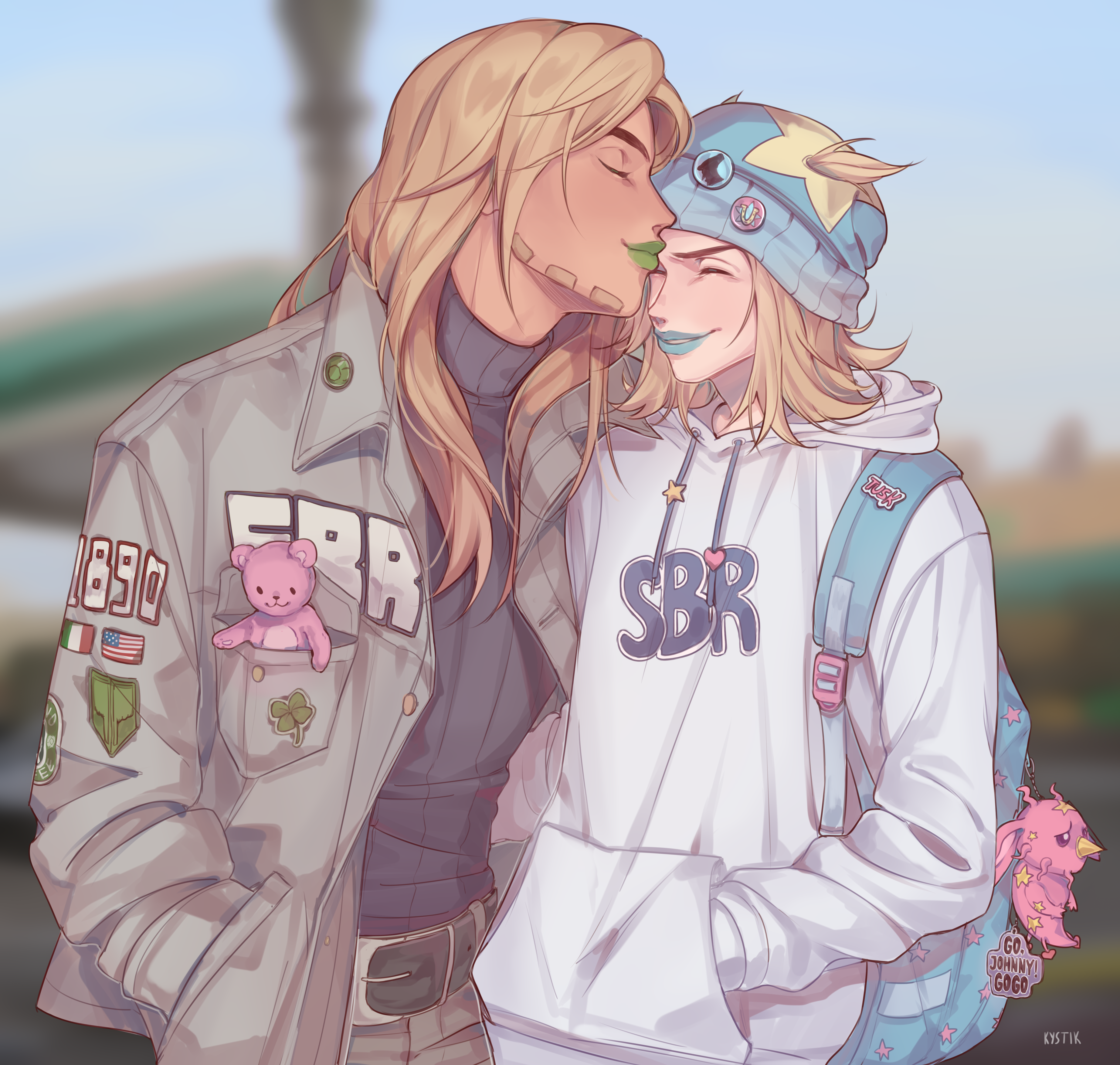 gyro zeppeli, johnny joestar, stand (jojo), tusk (stand), tusk act1, jojo no kimyou na bouken, steel ball run, absurdres, commentary, highres, symbol-only commentary, 2boys, alternate costume, american flag, backpack, bag, bag charm, beanie, belt, blonde hair, blue lips, blurry, blurry background, breast pocket, character charm, charm (object), closed eyes, contemporary, facial hair, green lips, hair through headwear, hands in pockets, hat, hat pin, hood, hood down, hoodie, italian flag, jacket, kiss, kissing cheek, lipstick, long hair, long sleeves, makeup, male focus, multiple boys, open clothes, open jacket, pocket, smile, stuffed animal, stuffed toy, sweater, teddy bear, toryan nyan, turtleneck, turtleneck sweater, yaoi