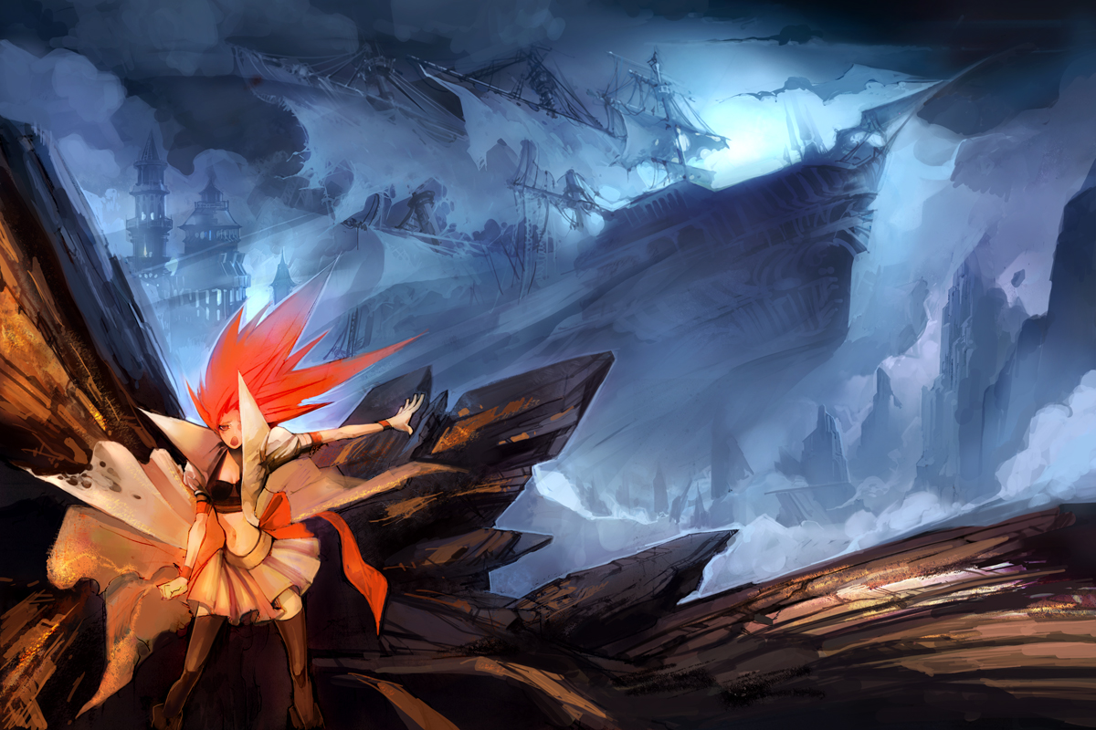 11 (yoshitaka), light, bad id, bad pixiv id, 11, 1girl, cloud, female focus, ghost, ghost ship, landscape, moon, red hair, ribbon, scenery, ship, solo, spectral, thighhighs, watercraft
