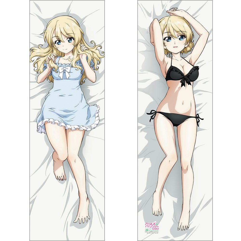 sugimoto isao, darjeeling (girls und panzer), girls und panzer, merchandise available, official art, arm behind head, armpits, arms up, bare legs, barefoot, bikini, black bikini, blonde hair, blue dress, blue eyes, blush, bow, braid, breasts, cleavage, collarbone, color variation, copyright name, dakimakura (medium), dress, frilled bikini, frilled dress, frills, groin, hair between eyes, hair down, hands in own hair, legs, looking at viewer, lying, navel, on back, on bed, puffy short sleeves, puffy sleeves, short sleeves, side-tie bikini bottom, smile, spread toes, swept bangs, swimsuit, thighs, toes, wavy hair, white bow