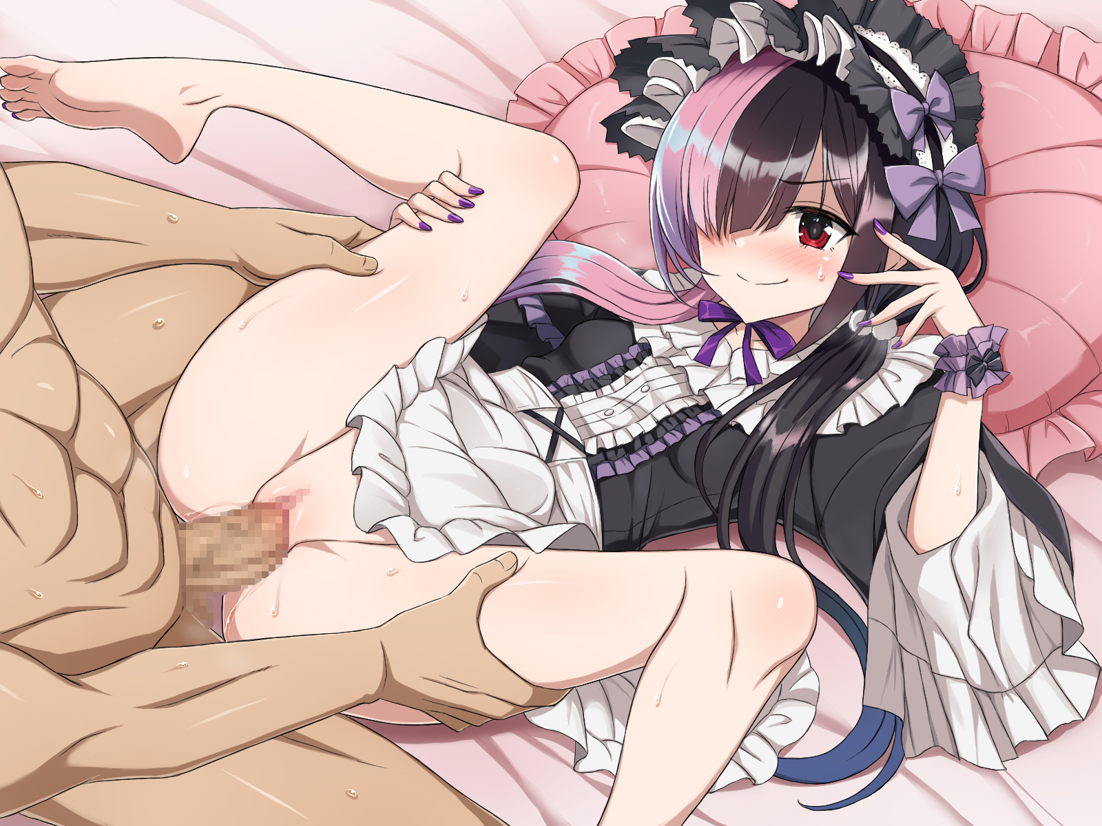 yaomai, commentary request, highres, variant set, 1boy, 1girl, arisa hikami, black hair, breasts, censored, clothed female nude male, clothed sex, dress, erection, gothic lolita, hair over one eye, hetero, lolita fashion, long hair, lying, maid of the dead, missionary, mosaic censoring, multicolored hair, nude, on back, penis, pillow, pink hair, red eyes, sex, small breasts, smile, solo focus, twintails, two-tone hair, vaginal