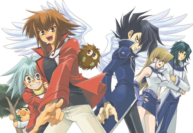 kuriboh, maeda hayato, manjoume jun, marufuji ryo, marufuji sho, tenjouin asuka, winged kuriboh, yuki judai, yu-gi-oh!, yu-gi-oh! gx, official art, 1girl, 5boys, blonde hair, breasts, duel academy uniform (yu-gi-oh! gx), duel monster, grabbing another's arm, large breasts, long hair, multiple boys, obelisk blue uniform, osiris red uniform