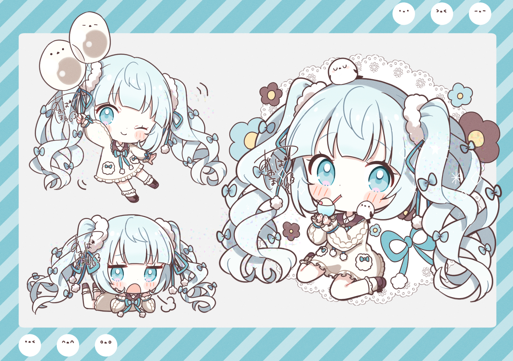 aobahosino, original, commentary, highres, symbol-only commentary, 1girl, ;), balloon, bird, blue border, blue bow, blue eyes, blue hair, blue ribbon, blunt bangs, blush stickers, border, bow, brown sailor collar, brown shoes, chibi, chibi only, closed mouth, dress, full body, hair bow, hair ribbon, holding, holding balloon, long hair, long sleeves, looking at viewer, lying, multiple hair bows, multiple views, on stomach, one eye closed, open mouth, ribbon, sailor collar, shoes, signature, simple background, sitting, smile, twintails, very long hair, white dress
