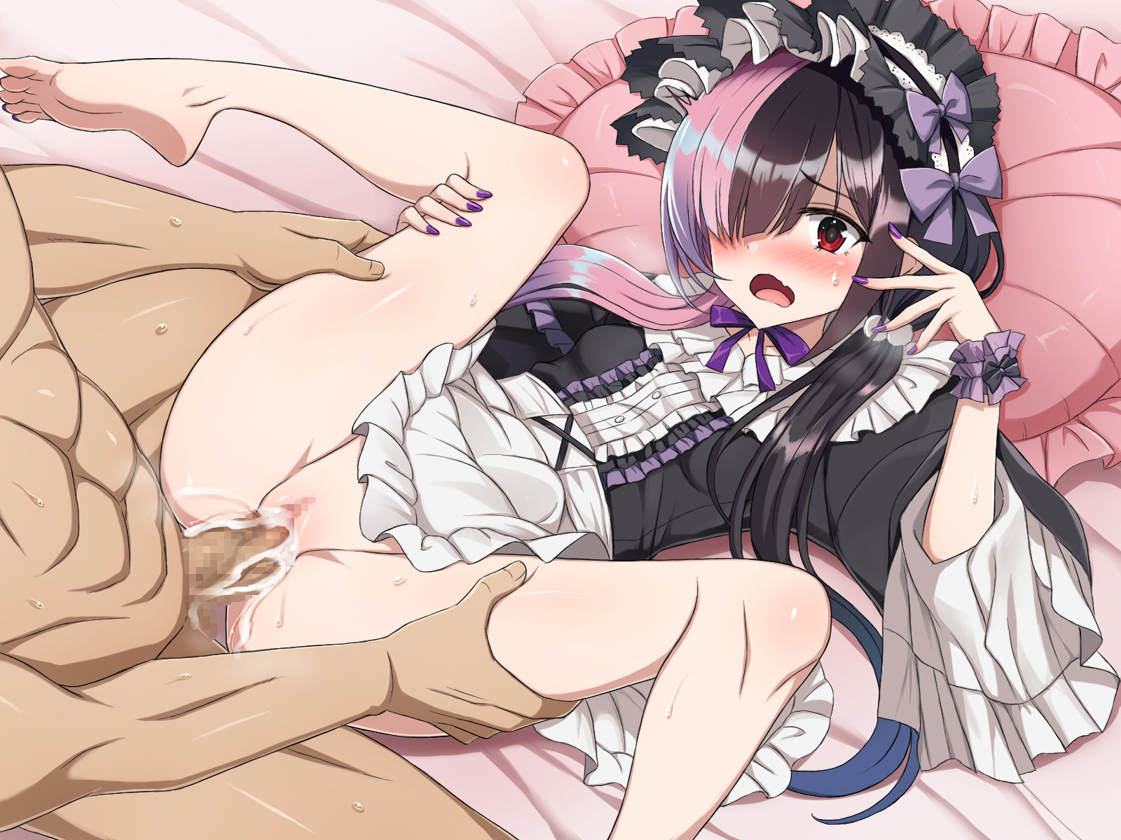 yaomai, commentary request, highres, variant set, 1boy, 1girl, arisa hikami, black hair, breasts, censored, clothed female nude male, clothed sex, cum, cum in pussy, dress, erection, gothic lolita, hair over one eye, hetero, lolita fashion, long hair, lying, maid of the dead, missionary, mosaic censoring, multicolored hair, nude, on back, penis, pillow, pink hair, red eyes, sex, small breasts, solo focus, surprised, twintails, two-tone hair, vaginal