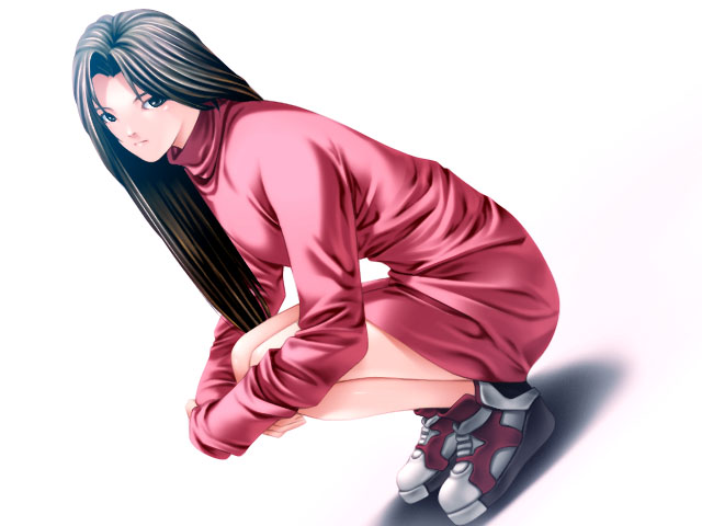 rezi, original, bad id, bad pixiv id, black hair, kneeling, long hair, shoes, sneakers, solo, squatting