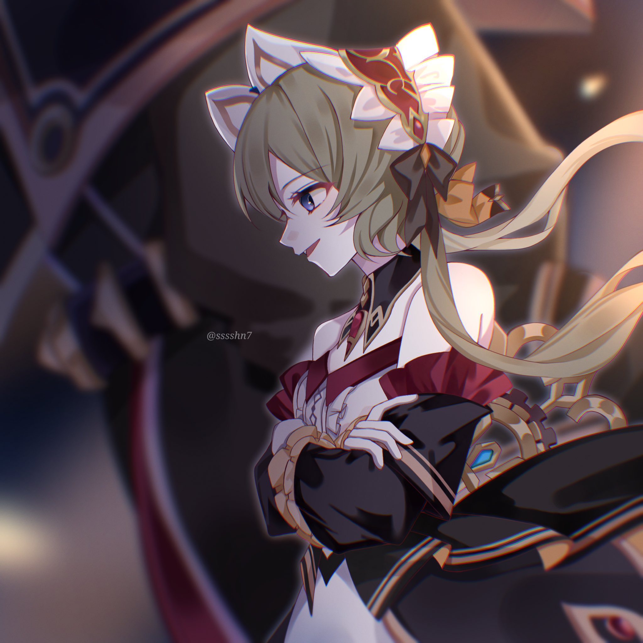 sandrone (genshin impact), genshin impact, highres, 1girl, black dress, blue eyes, breasts, brown hair, cleavage, detached sleeves, dress, long bangs, maid headdress, medium breasts, robot, sssshn7, twitter username, winding key